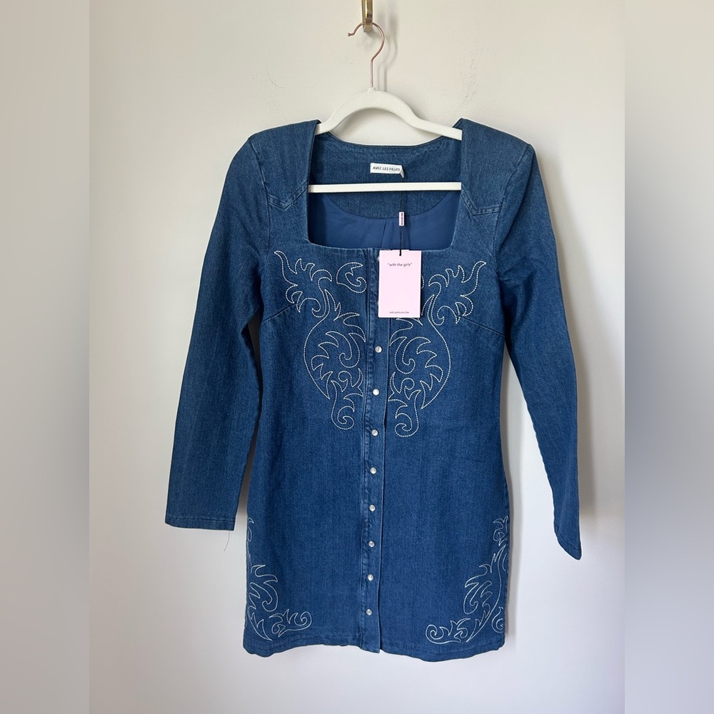 Denim western embroidered square neck long sleeve Mini Dress
